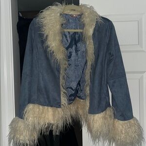 Stylish Blue Faux Fur Trim Jacket